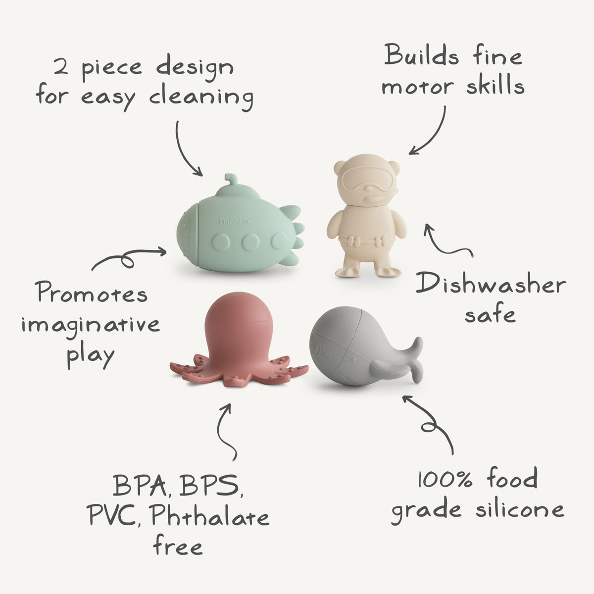 Mushie Sealife packaged set highlights four sea friends for imaginative bath play.