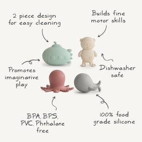 Mushie Sealife packaged set highlights four sea friends for imaginative bath play.