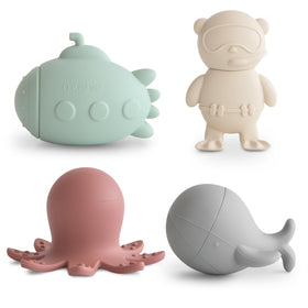 Mushie Sealife submarine bath toy sparks imaginative play with easy-grip silicone.