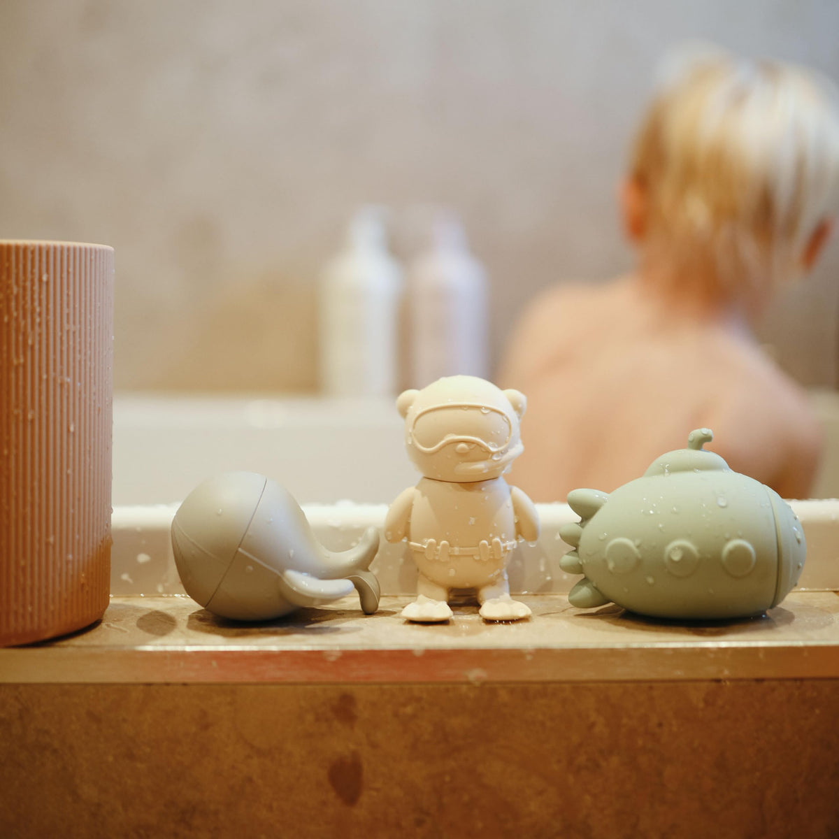 Mushie Sealife whale bath toy offers gentle silicone and engaging sea-life design.