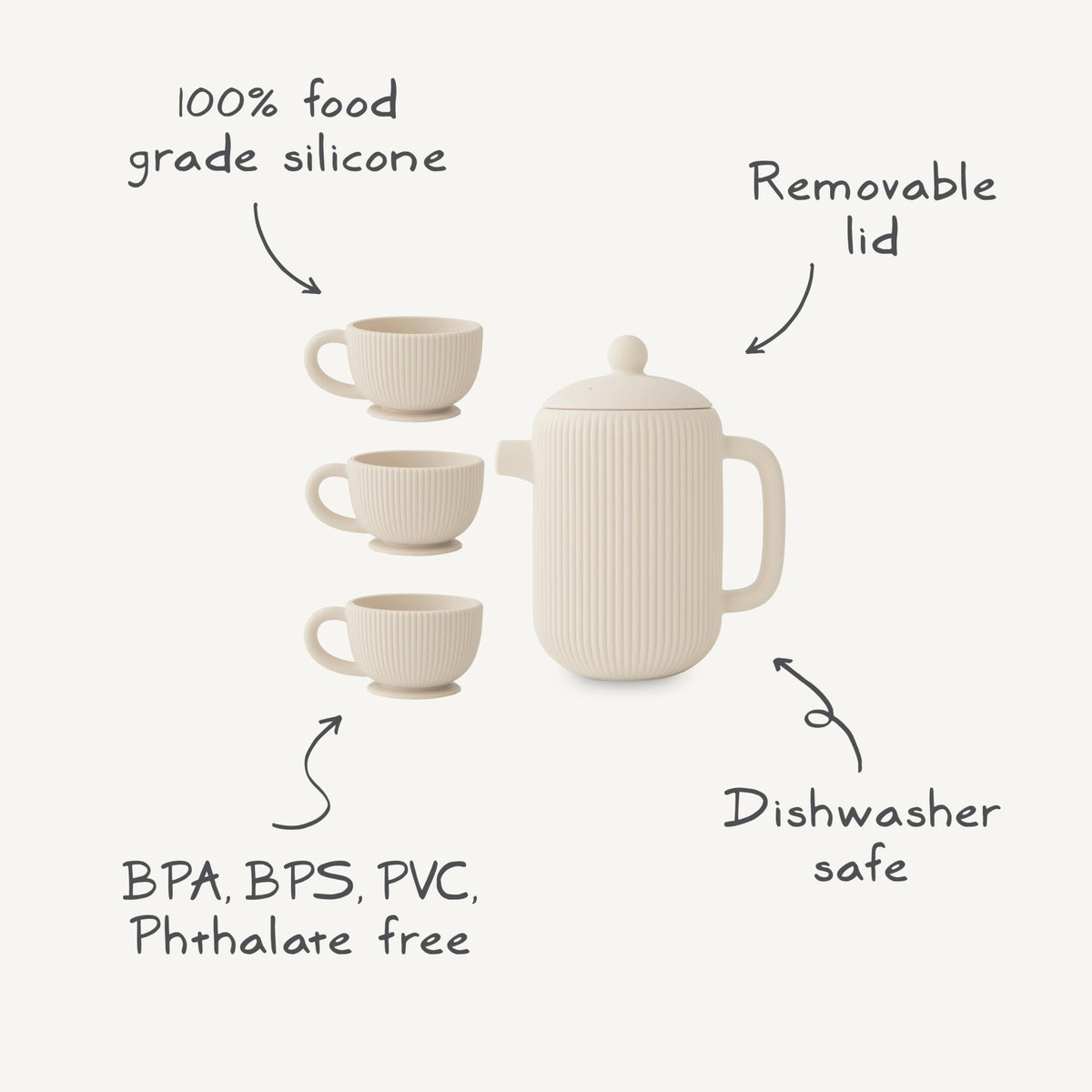 Mushie imaginative play scene with 4-piece tea set