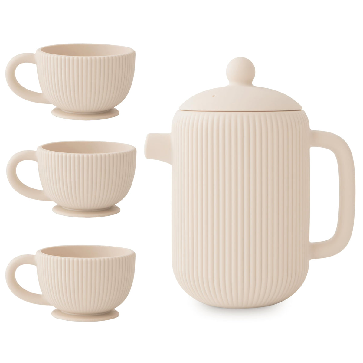 Mushie teapot image showing soft, durable silicone for pretend tea time