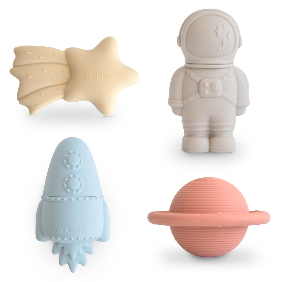 Mushie Space Bath Toys Planet for toddlers; soft silicone for gentle, engaging bath time play.