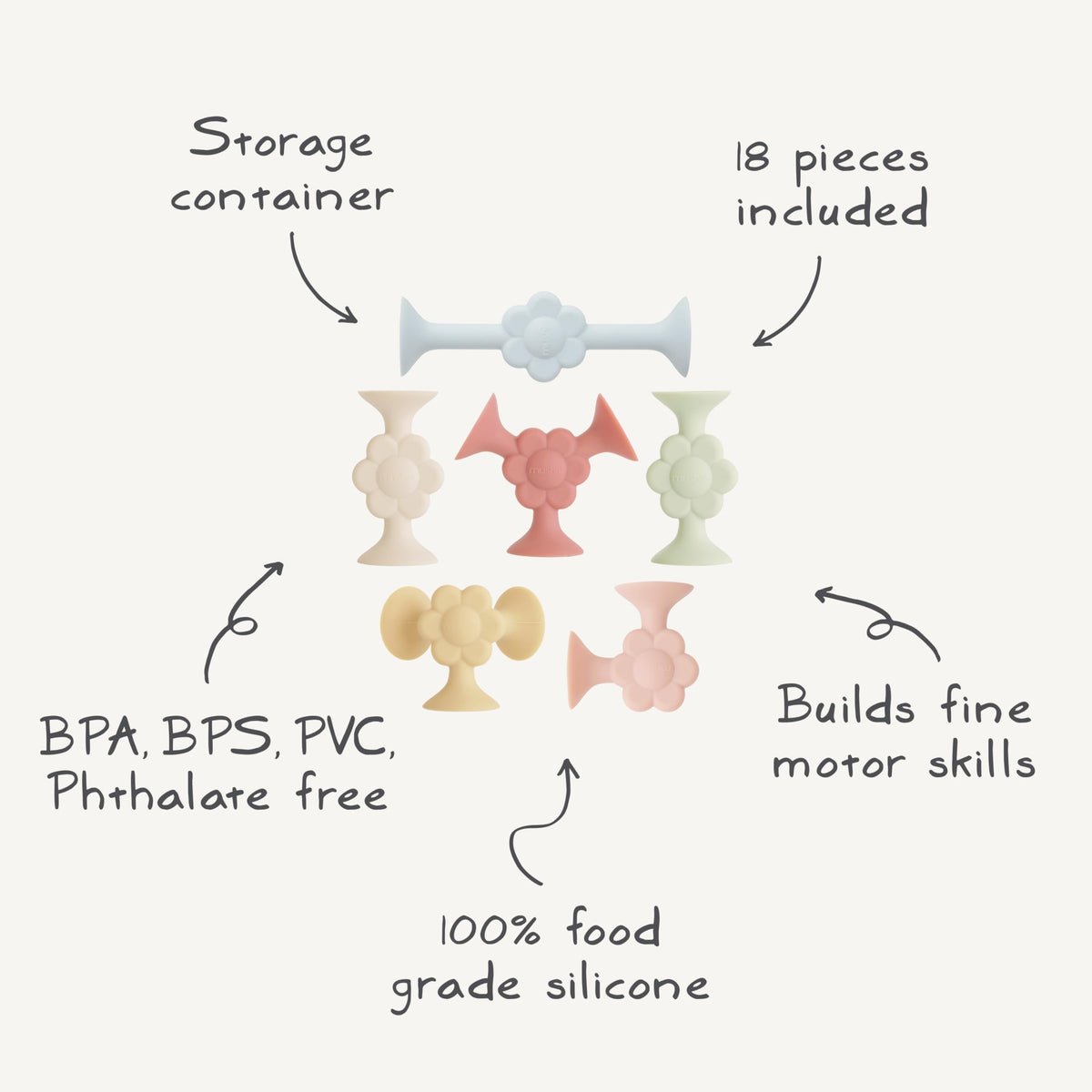 Storage container for Mushie silicone builders keeps pieces organized after play.