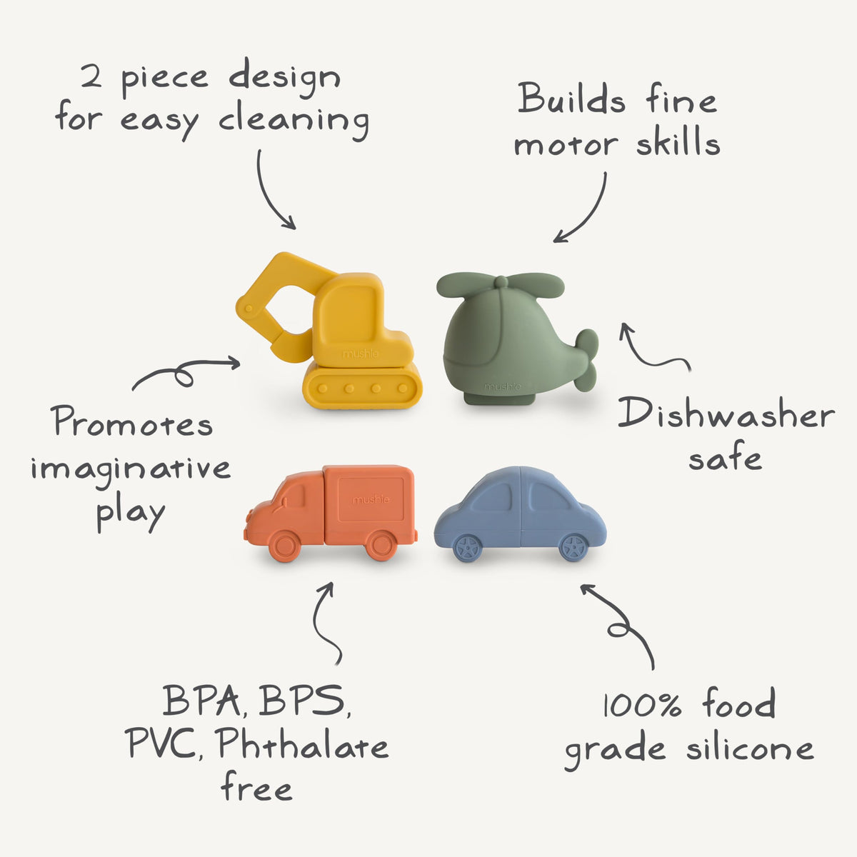 Mushie Vehicles silicone set is dishwasher-safe and easy to maintain