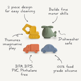 Mushie Vehicles silicone set is dishwasher-safe and easy to maintain