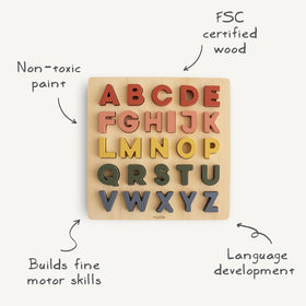 Mushie wooden alphabet puzzle colors engage visual discrimination during play