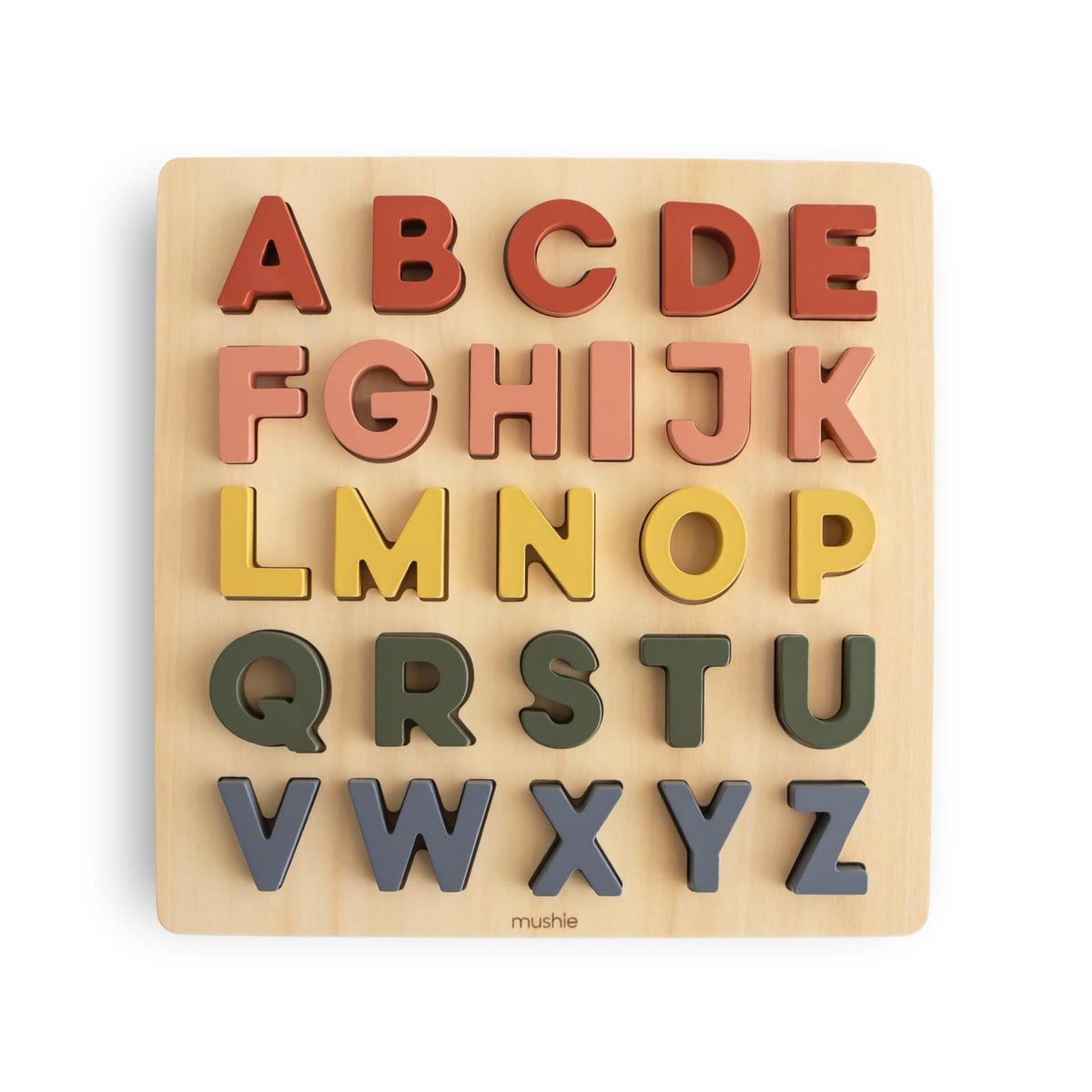 Mushie wooden alphabet puzzle letters supports early literacy and fine motor skills