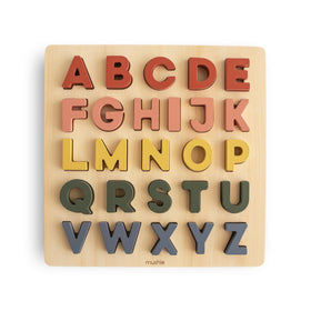 Mushie wooden alphabet puzzle letters supports early literacy and fine motor skills