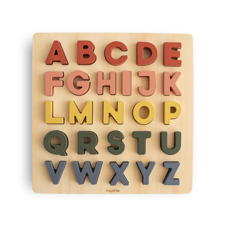 Mushie wooden alphabet puzzle letters supports early literacy and fine motor skills