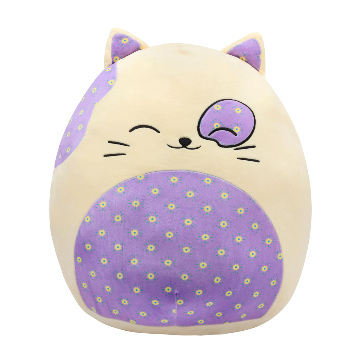 Mushymallow large cat pillow with beige body and purple floral belly for cozy lounging