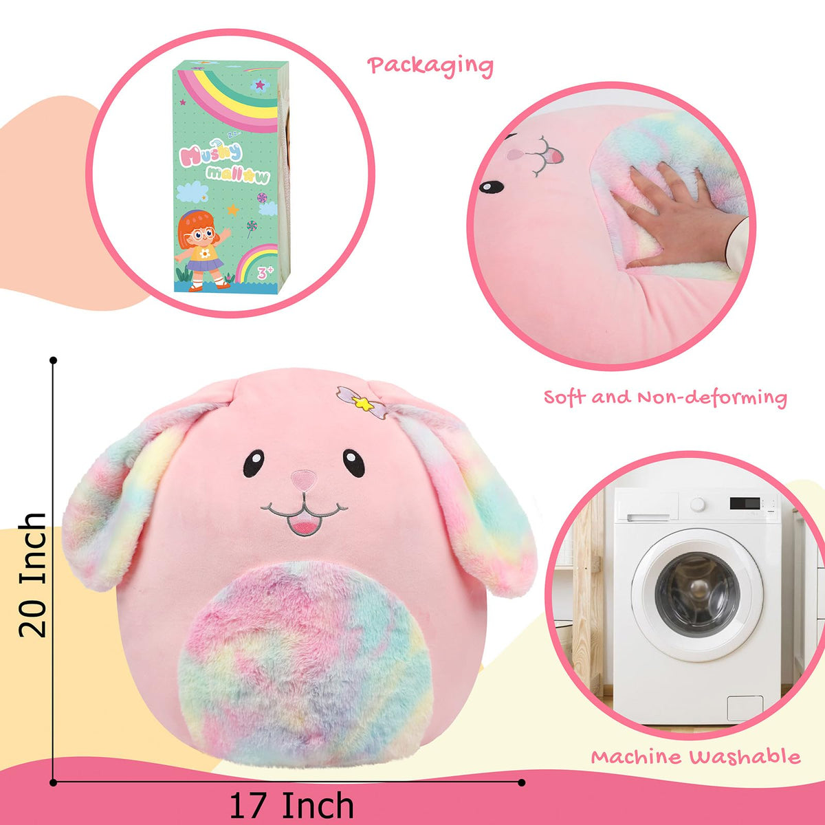 Mushymallow bunny plush rainbow belly detail brightens a kid's room.