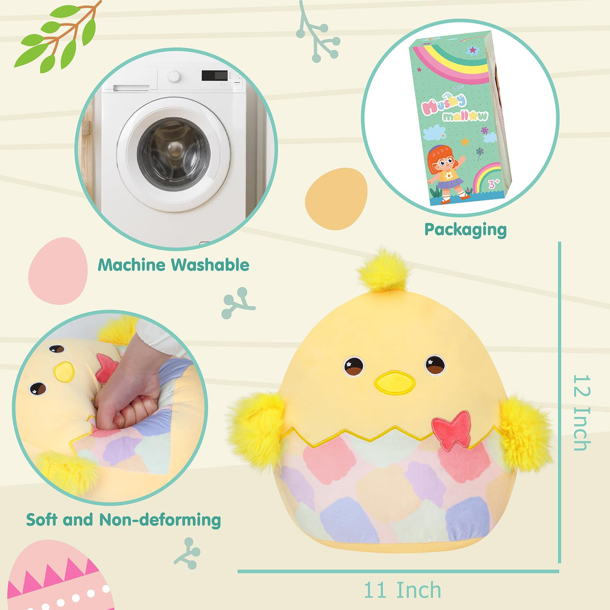 Mushymallow Easter chick yellow pillow, bright spring decor and friendly playmate