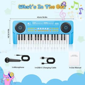 MusicForset upgraded 37-key kids piano blue dual speakers delivering vibrant sound.