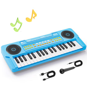 MusicForset upgraded 37-key kids piano blue front view, portable learning toy for beginners.