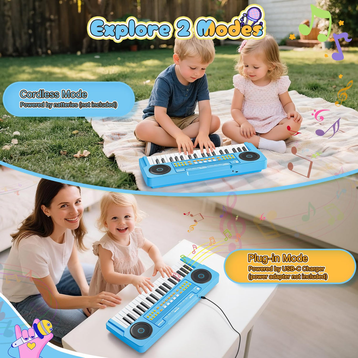 MusicForset upgraded 37-key kids piano blue with microphone for sing-along play sessions.