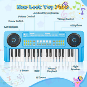 MusicForset upgraded 37-key kids piano blue packaging ready to gift.