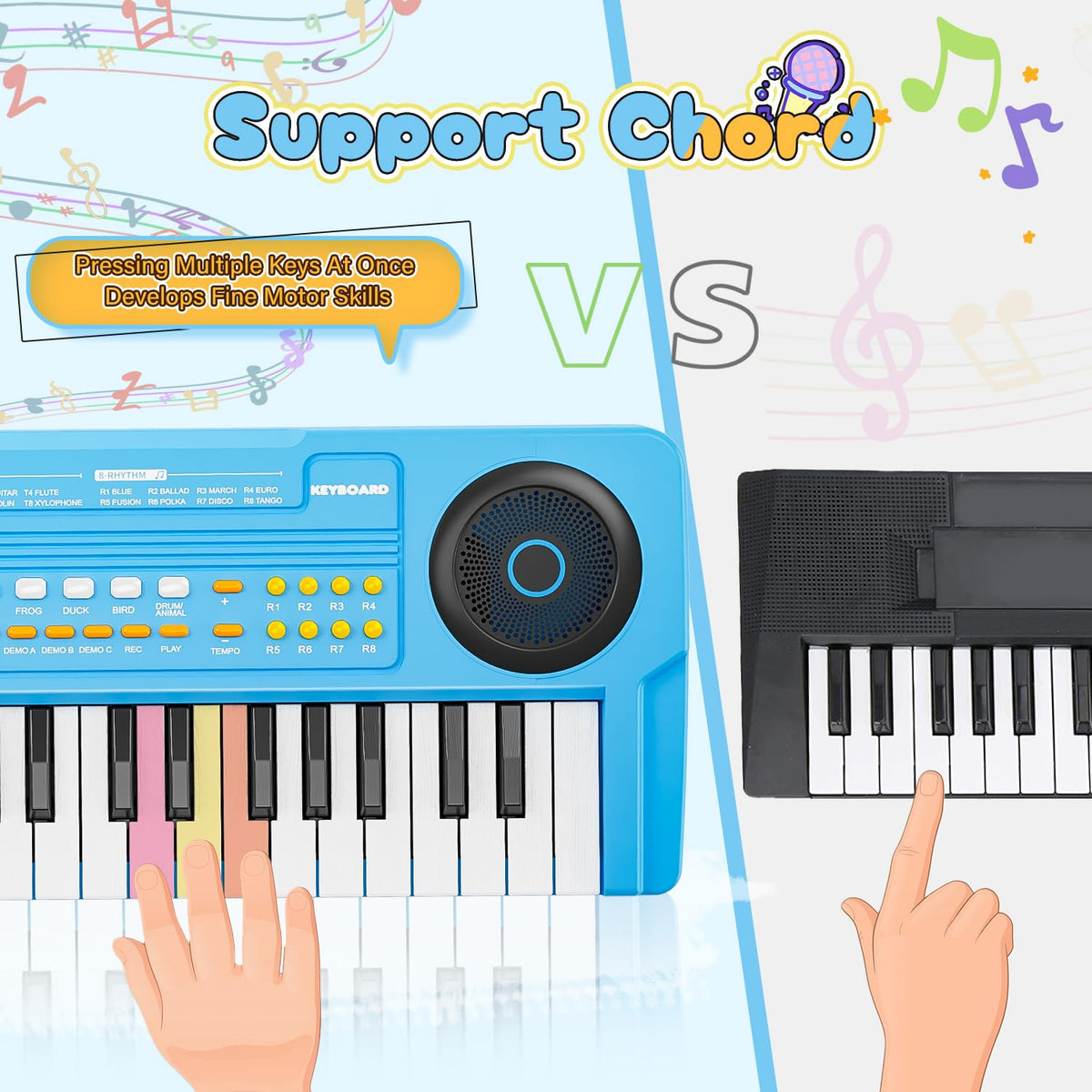 MusicForset upgraded 37-key kids piano blue side view, compact travel-friendly design.