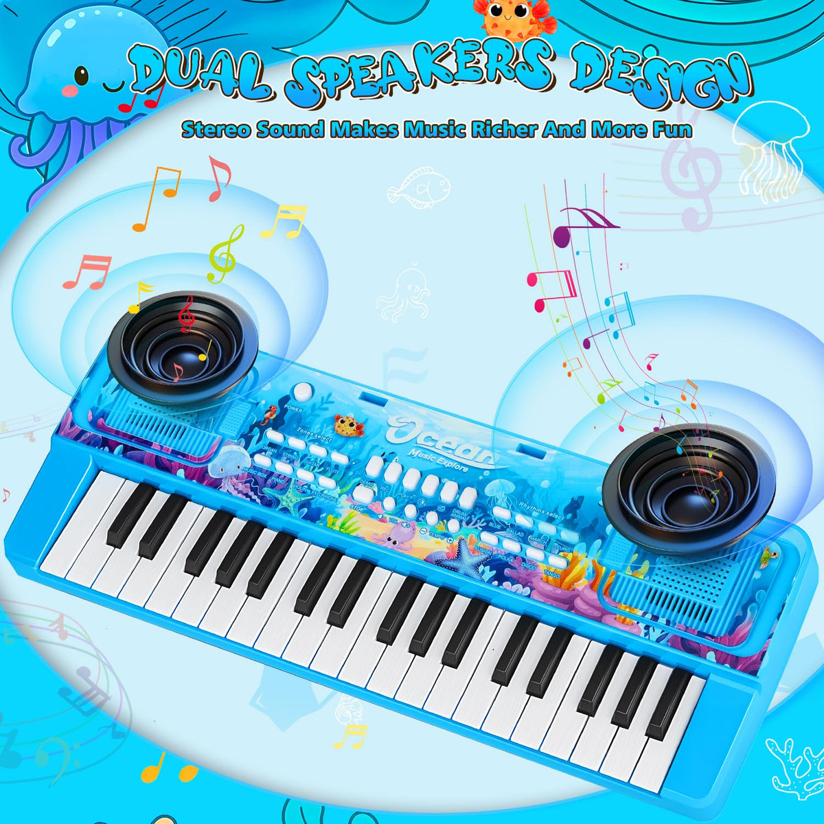 MusicForset piano control panel blue, easy power options for travel or home