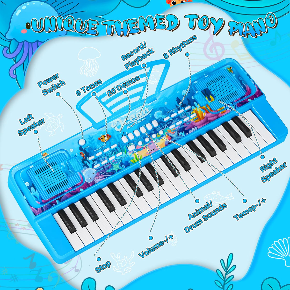 MusicForset 37-key kids piano with dual speakers blue, vivid sound for mini performances