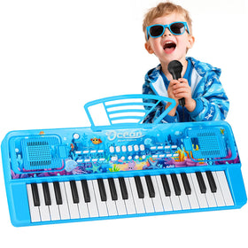 MusicForset upgraded 37-key kids piano front view blue, portable learning toy