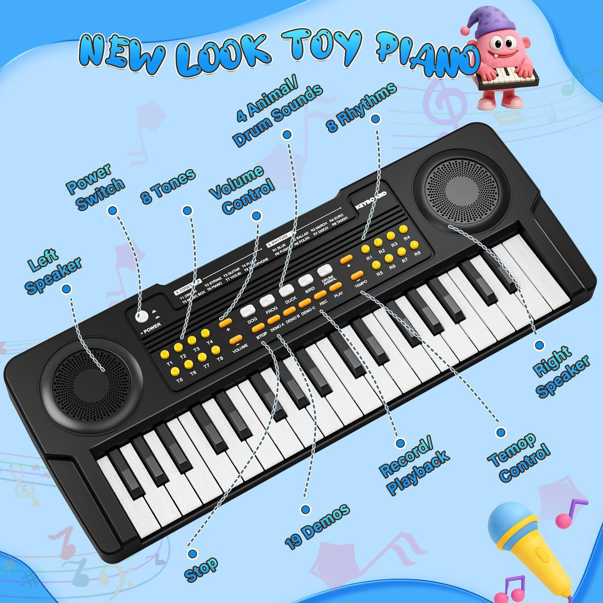 MusicForset upgraded kids piano keyboard back panel, USB-C and battery power options.