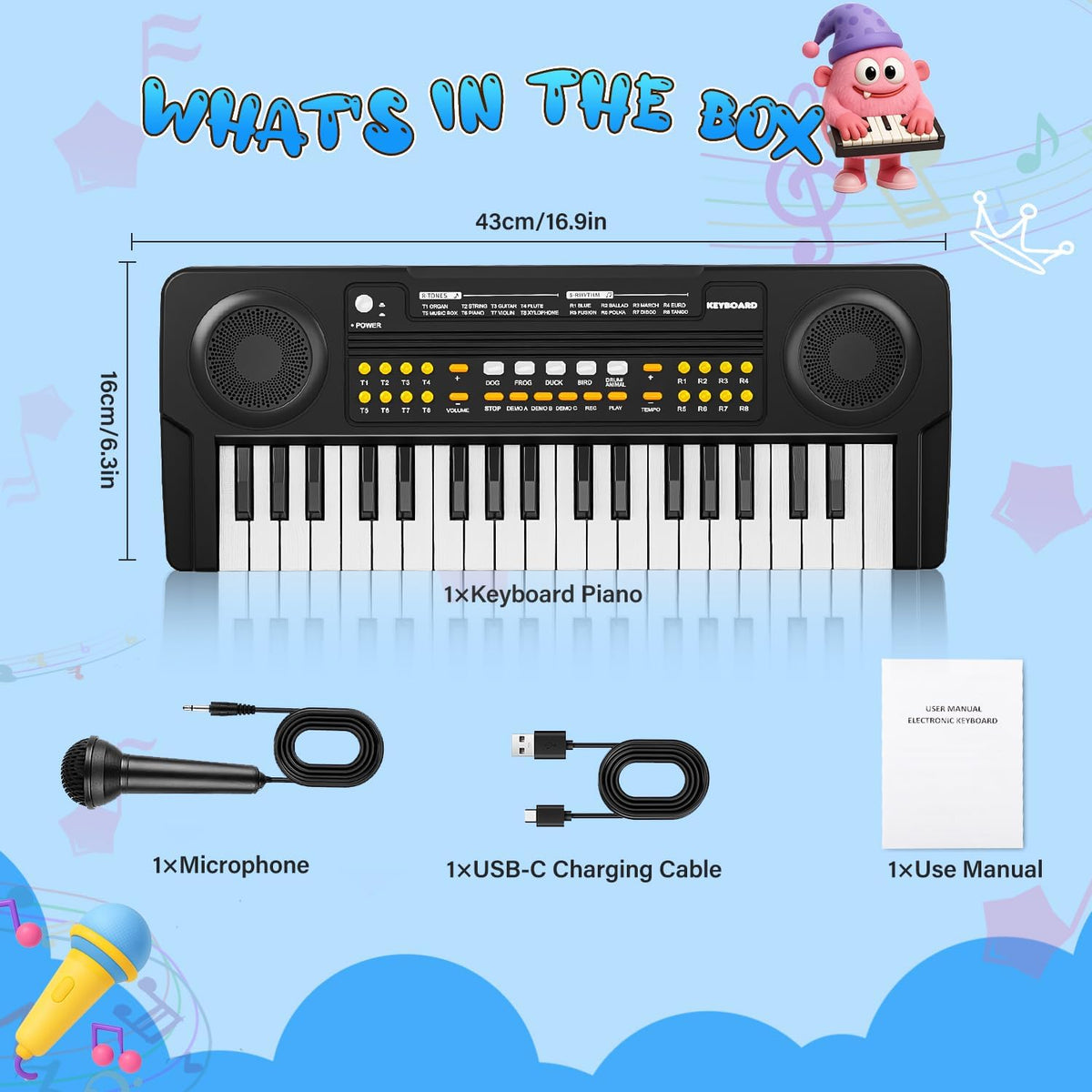 MusicForset upgraded kids piano keyboard demo/playback image, showcasing 8 rhythms and 19 demos.