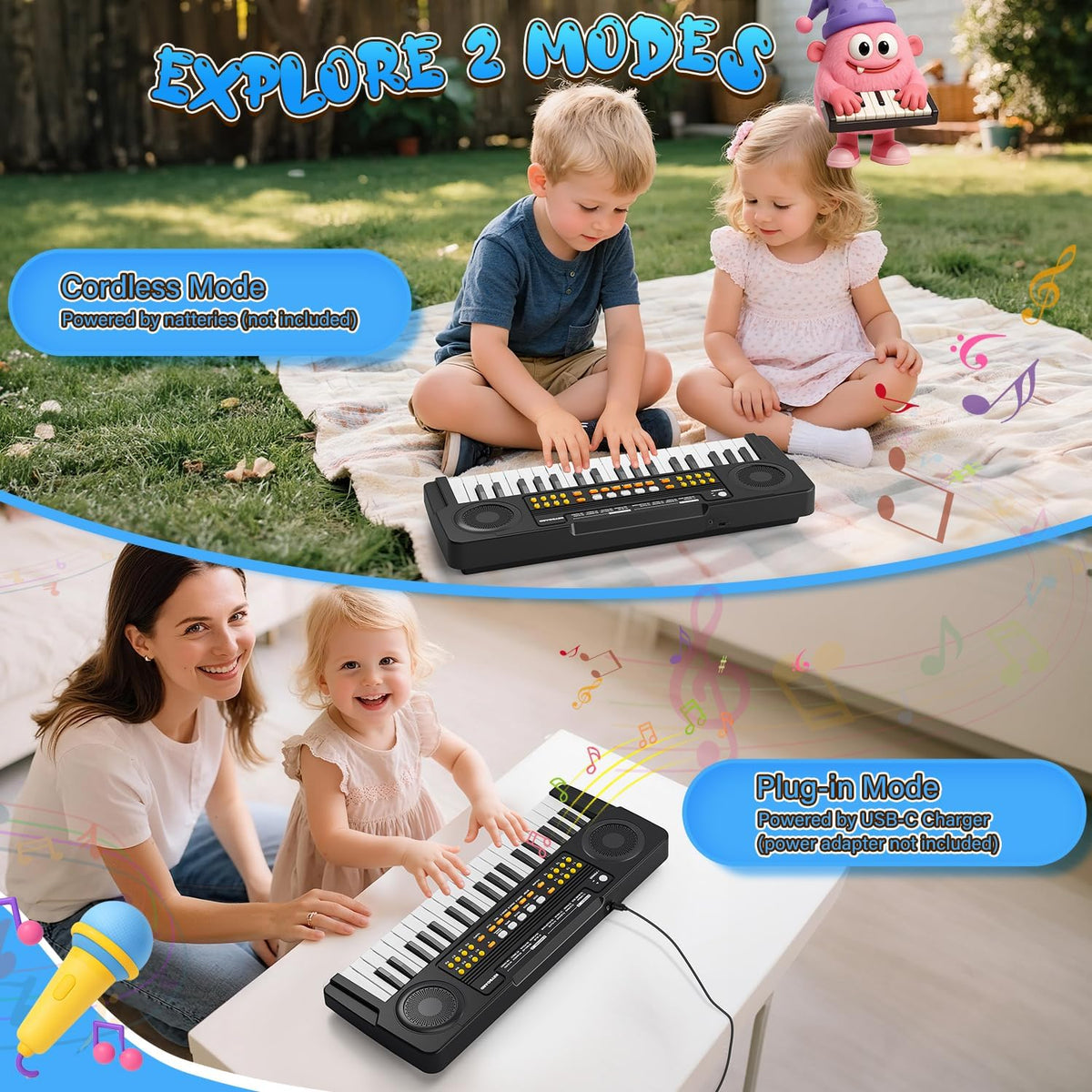 MusicForset upgraded kids piano keyboard in-use scenario, child enjoys chords and rhythm practice.