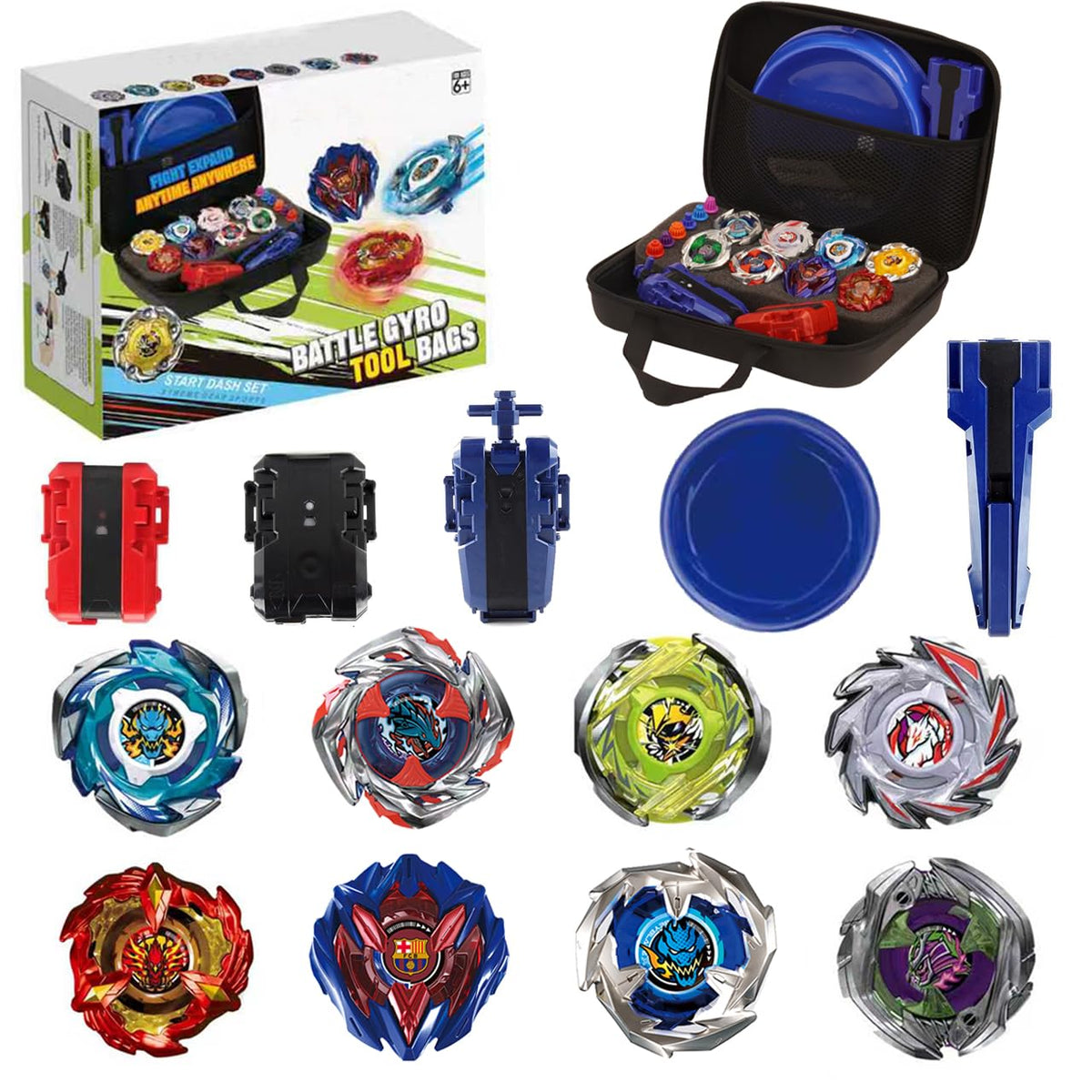 MUSTYBELT burst top set pack with eight tops and two launchers for engaging play.