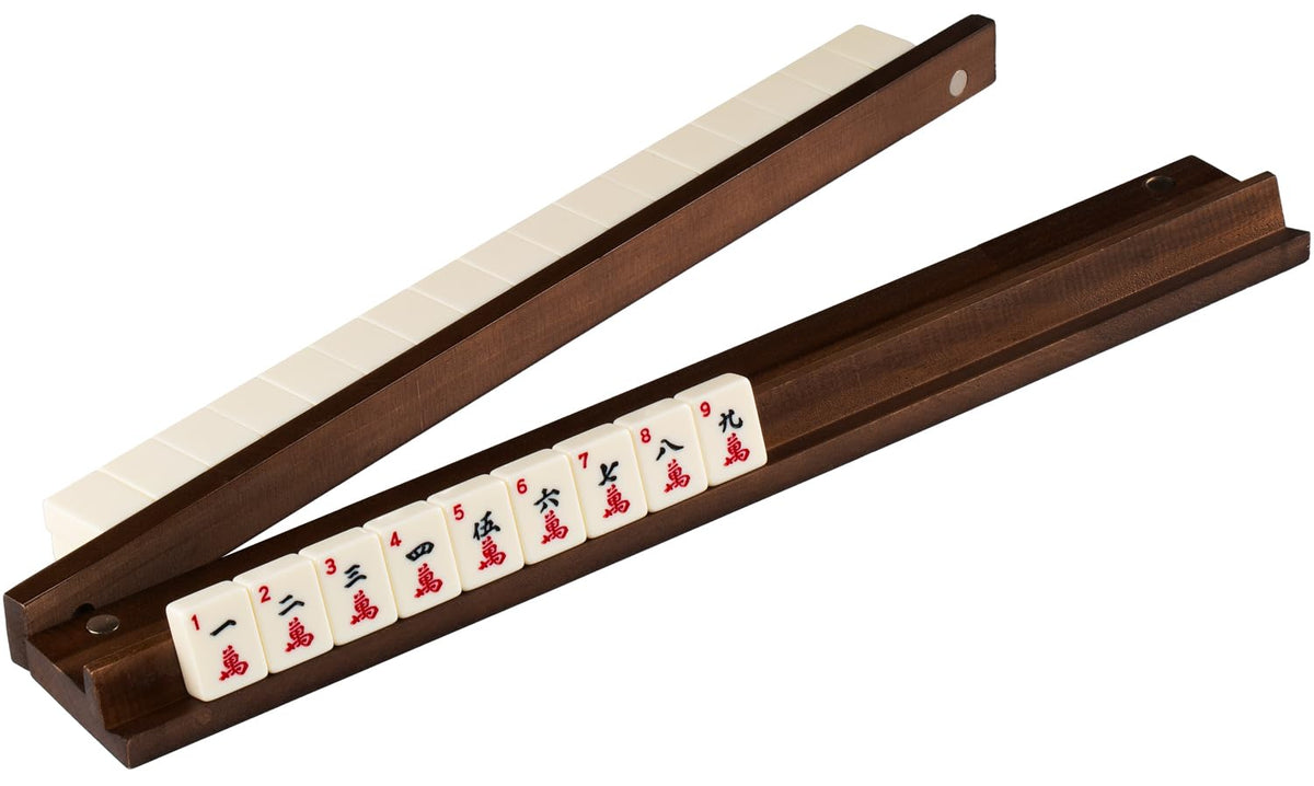 MUTEX American Walnut Mahjong Racks: four-piece set keeps tiles neatly organized for game night.