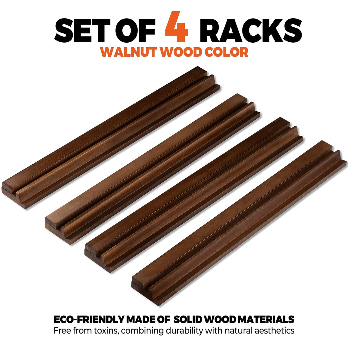 MUTEX assembled four-piece walnut racks sit elegantly on a table.