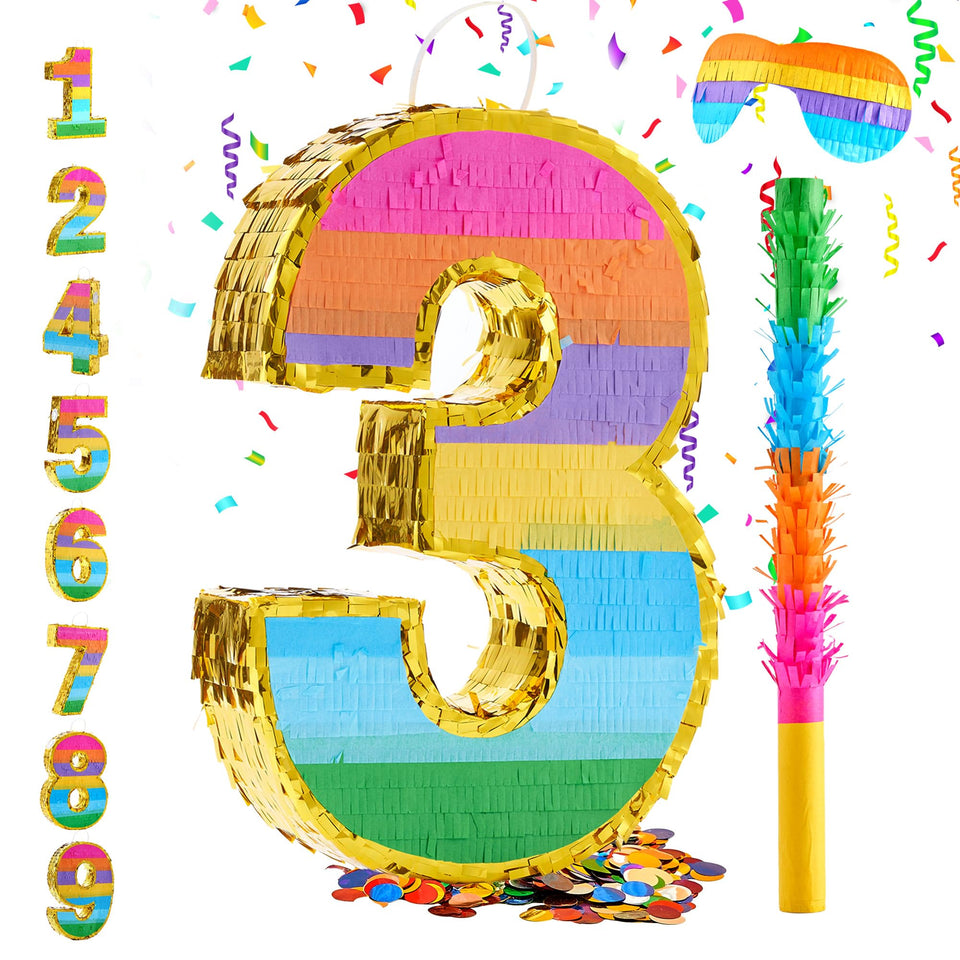 MUWOOB Rainbow Number 3 pinata front view for festive birthday decor