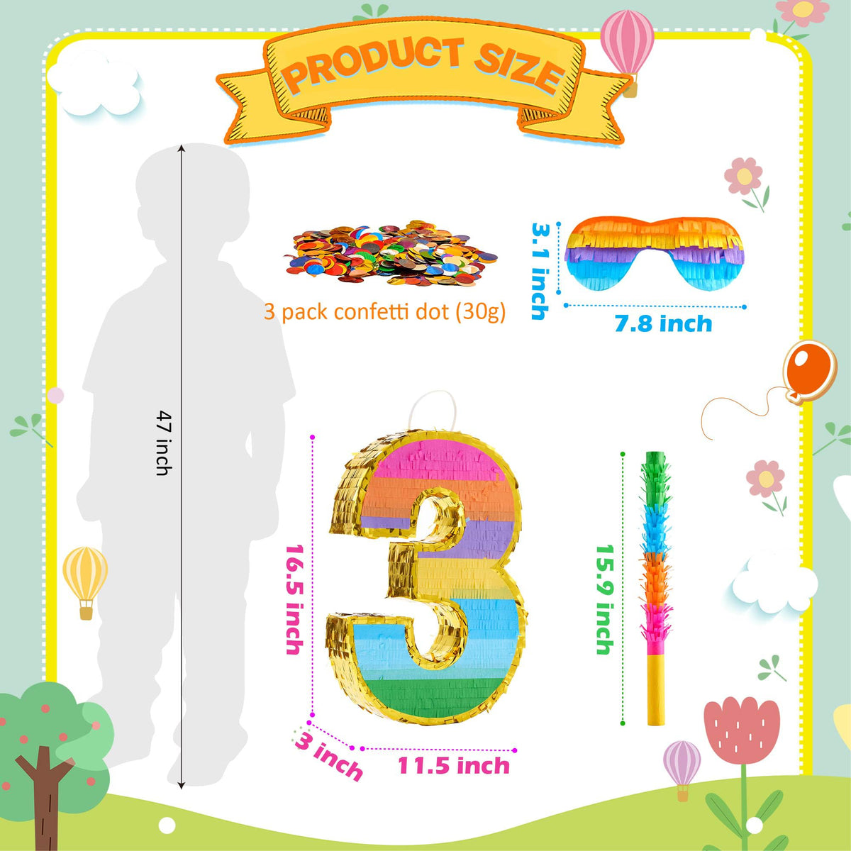 MUWOOB Rainbow Number 3 pinata with gold foil edging highlights premium party flair