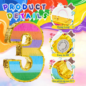 MUWOOB Rainbow Number 3 pinata side hanging loop for easy setup