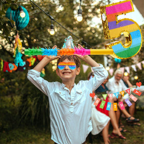 MUWOOB Rainbow Number 5 pinata blindfold included for interactive fun.