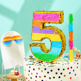 MUWOOB Rainbow Number 5 pinata centerpiece displays vibrant fiesta colors.