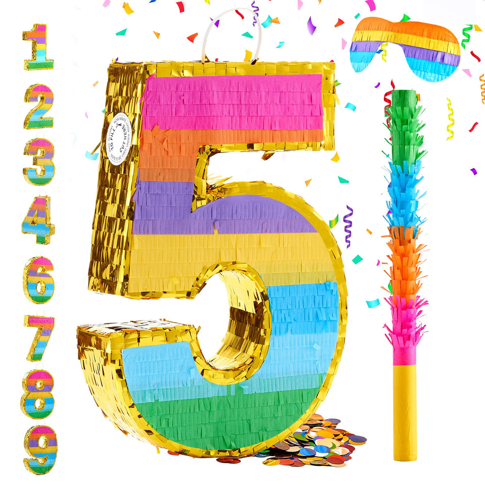 MUWOOB Rainbow Number 5 pinata front view for bright birthday decor.