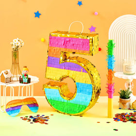 MUWOOB Rainbow Number 5 pinata gold edging enhances the festive look.