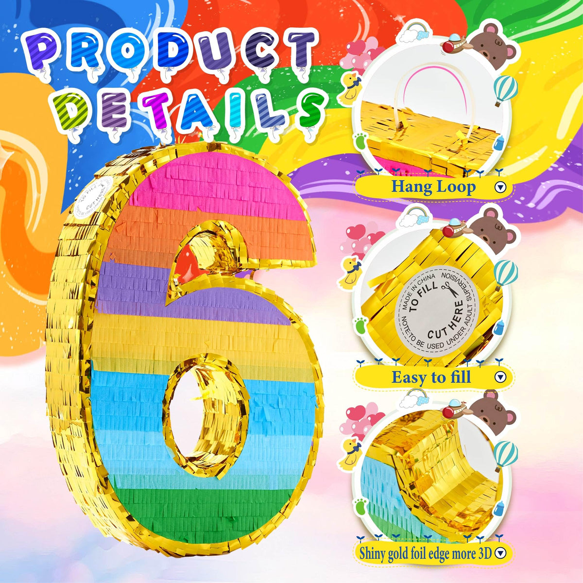 MUWOOB Rainbow Number 6 Pinata edge details with gold foil trim