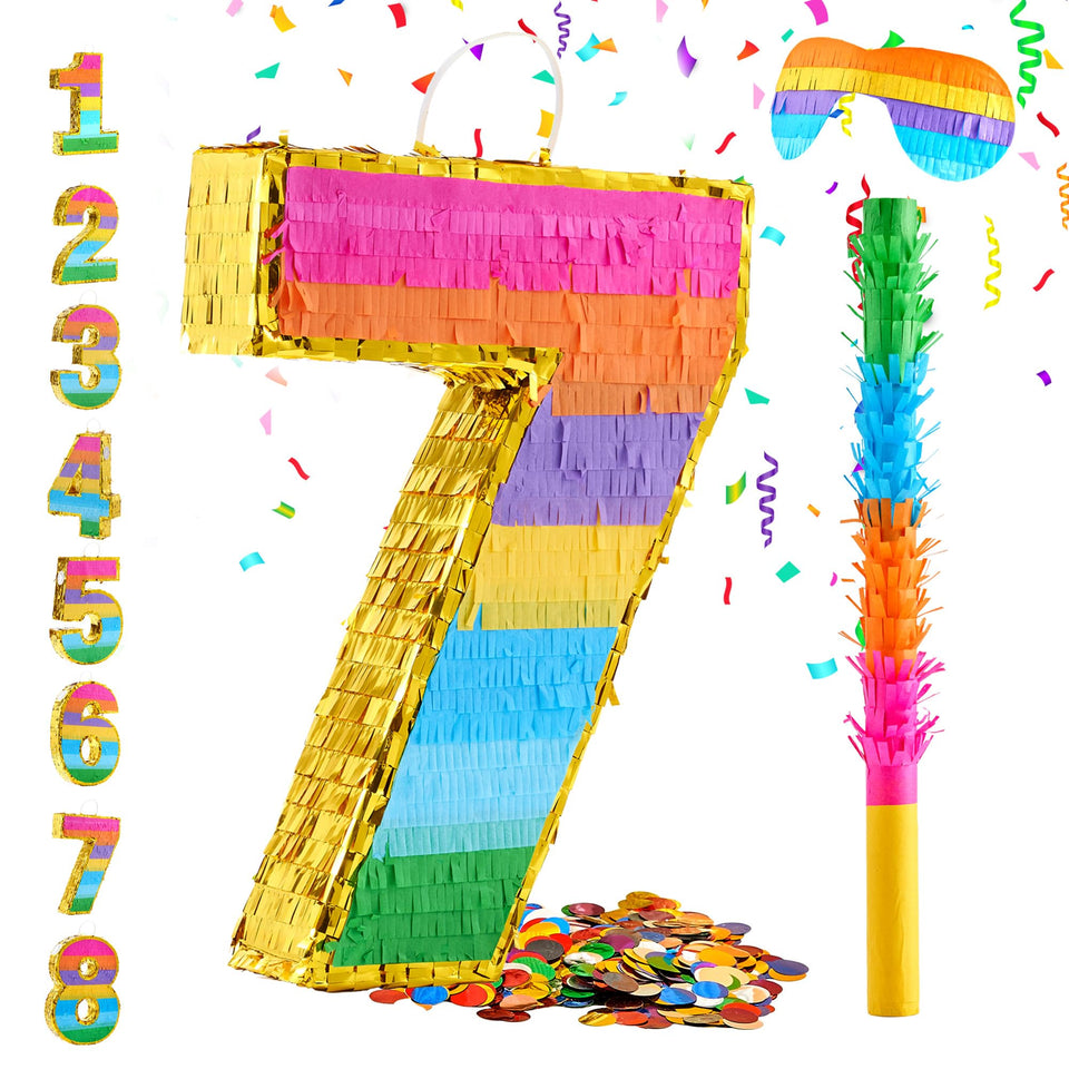 MUWOOB Rainbow 7 pinata front view highlights vibrant colors for birthday celebrations