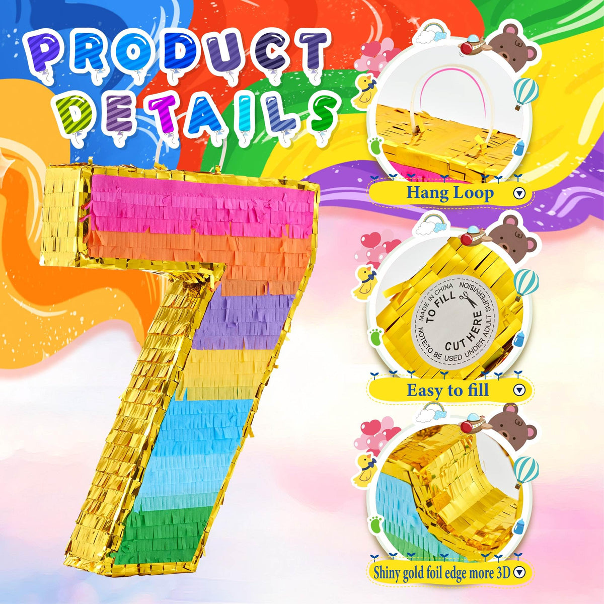 MUWOOB Rainbow 7 pinata hanging view ideal centerpiece for indoor or outdoor parties