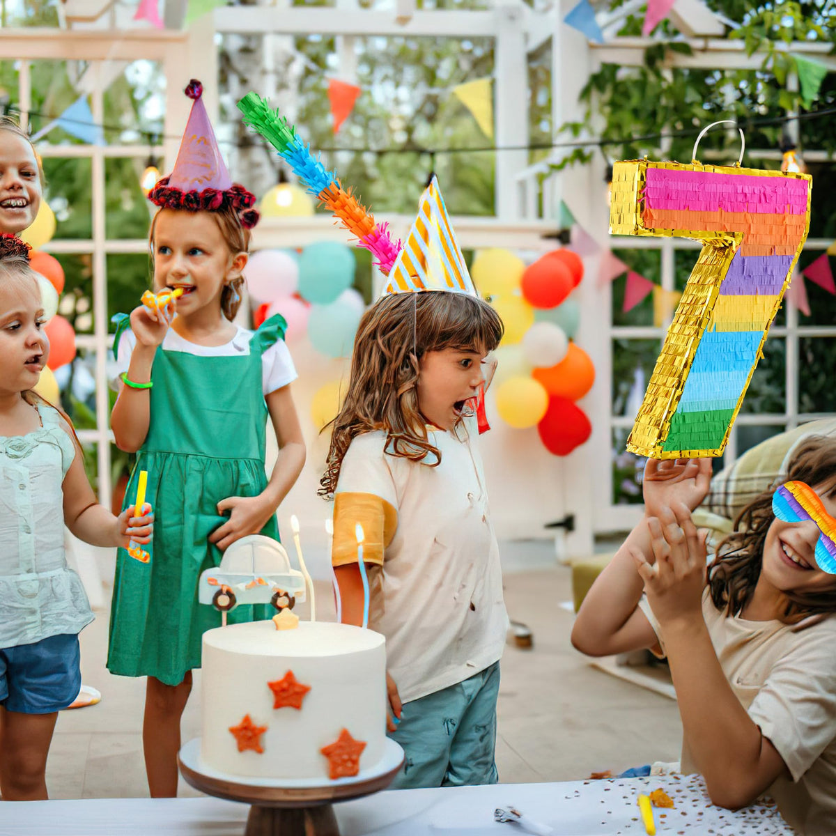 MUWOOB Rainbow 7 pinata packaging includes blindfold and confetti