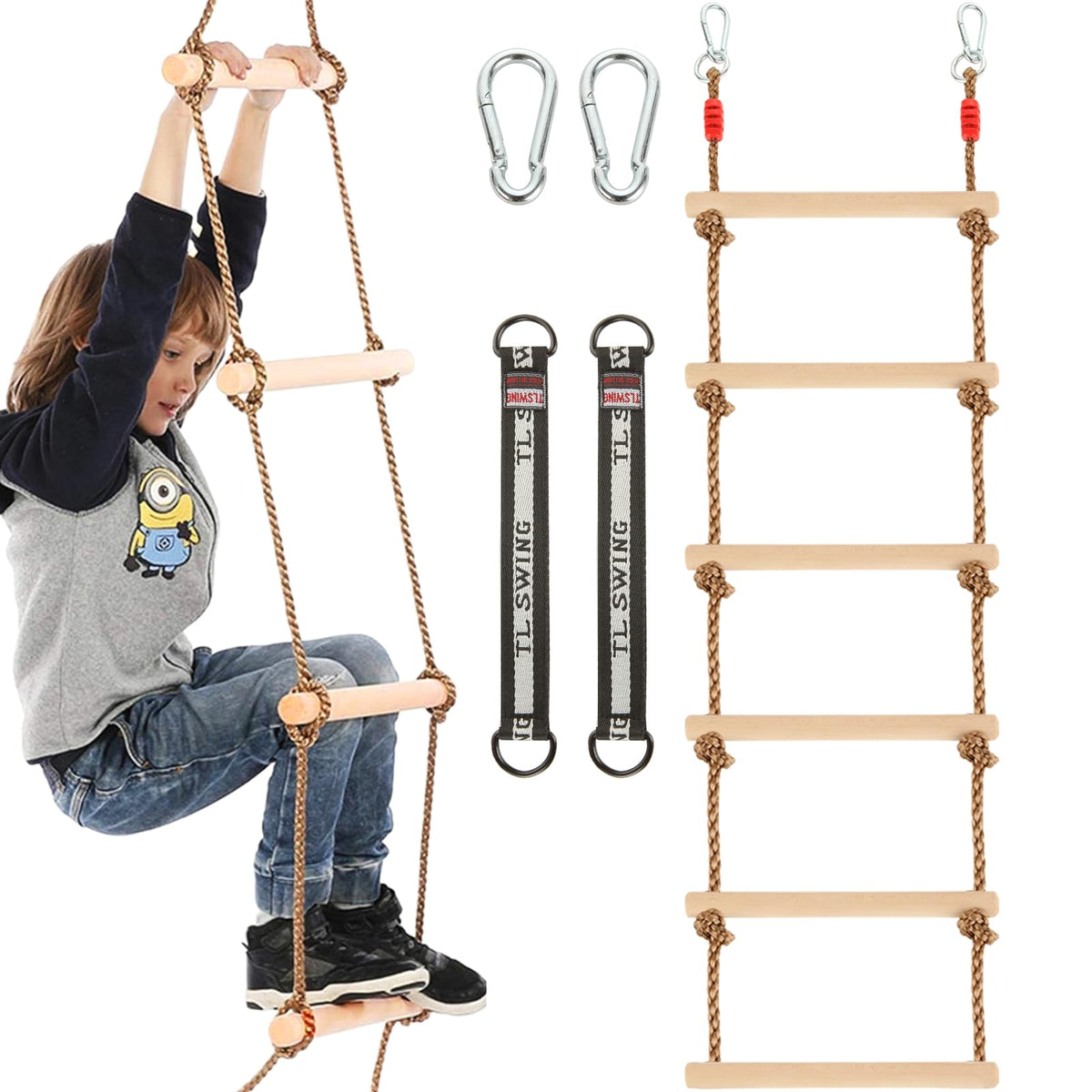 MUXHEL climbing rope ladder with wooden rungs and sturdy top hooks for safety.