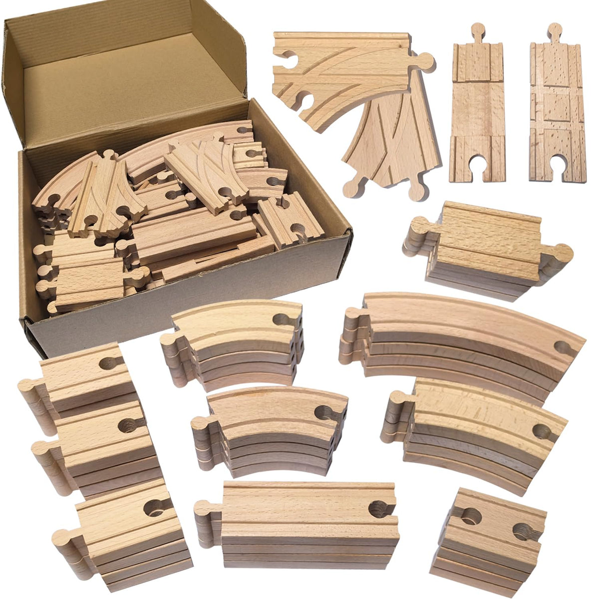 MUYUTOY wooden train track 44pcs with straight and curved pieces for versatile layouts