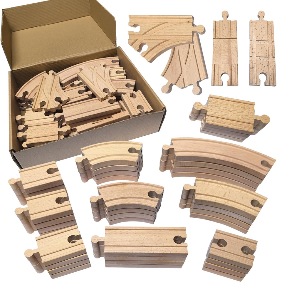 MUYUTOY wooden train track 44pcs with straight and curved pieces for versatile layouts