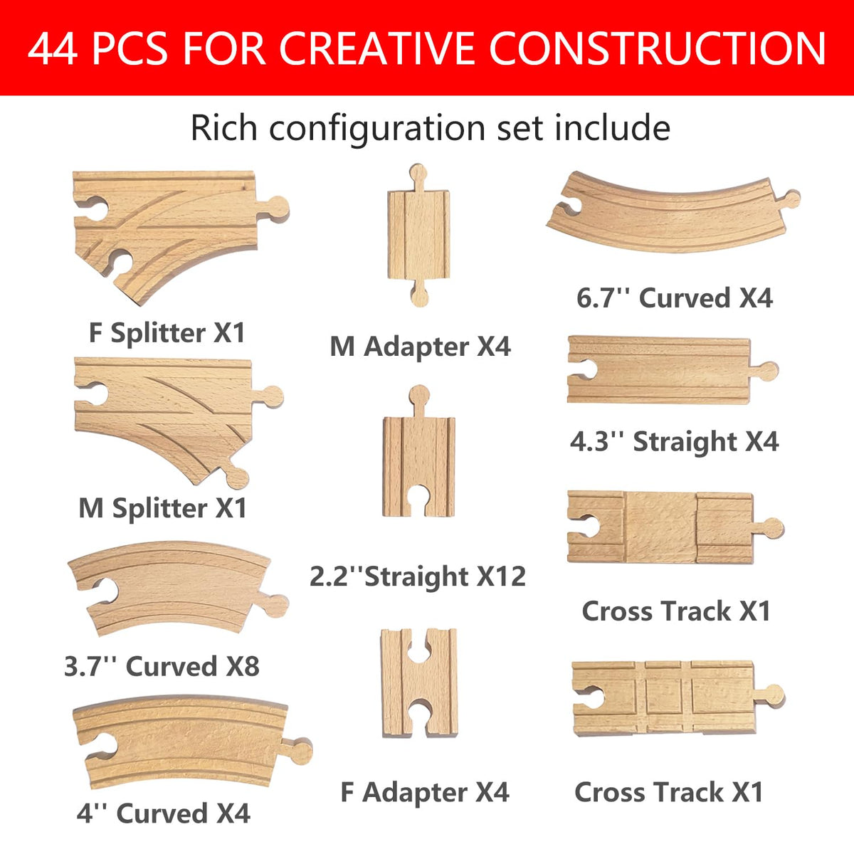 MUYUTOY wooden train track 44pcs compatible with Brio and Thomas for easy upgrades