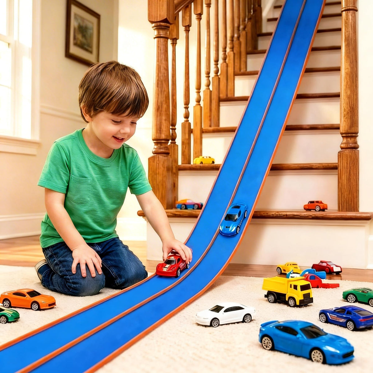 Mvishev Flex Track 15ft setup shows modular curves for creative racing