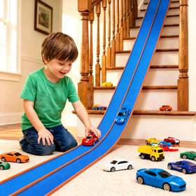 Mvishev Flex Track 15ft setup shows modular curves for creative racing
