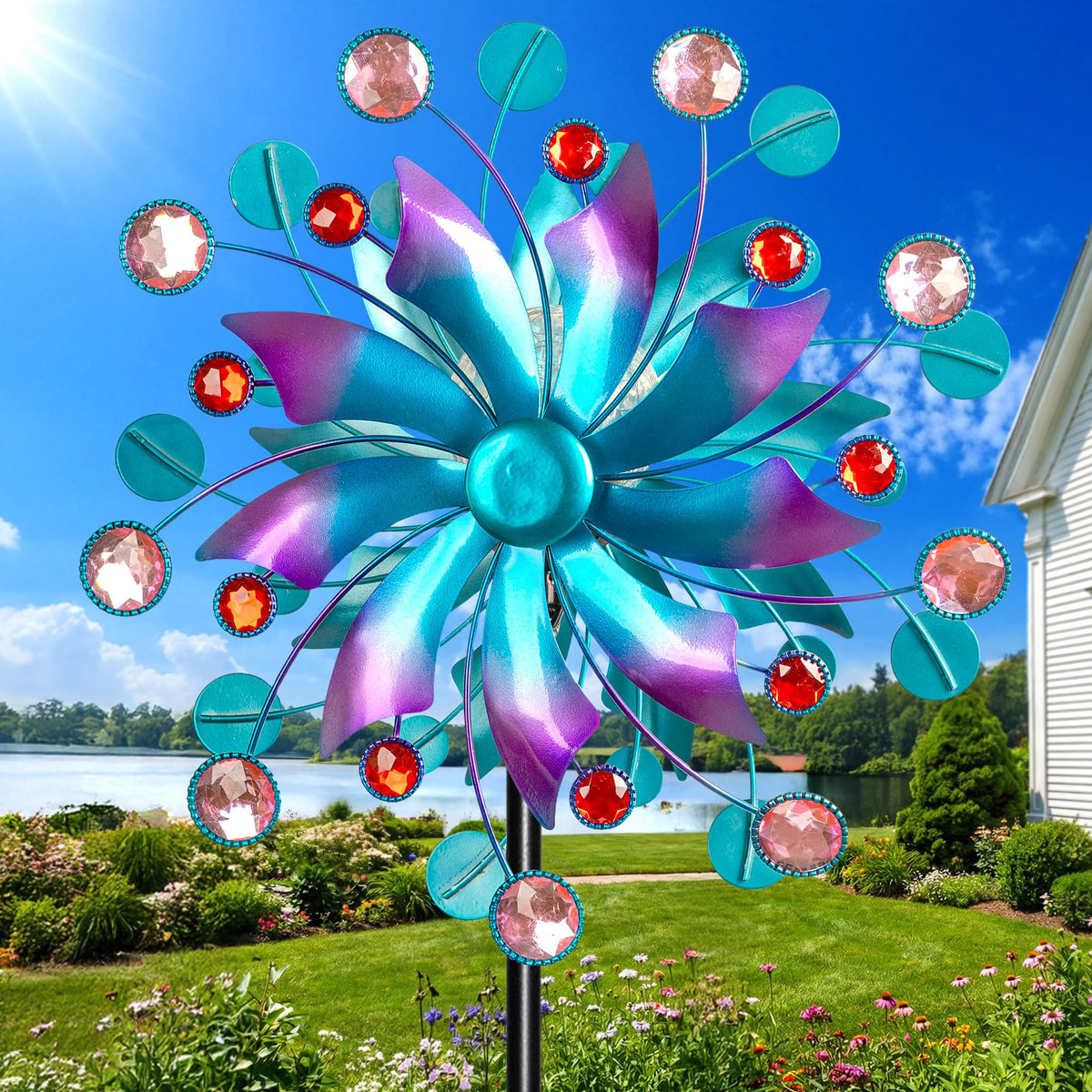 MXwcy outdoor art enhances any garden with a vibrant, kinetic focal point.