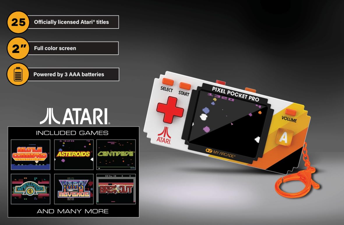 My Arcade Pixel Pocket Pro 2-inch color display shows classic Atari titles clearly.